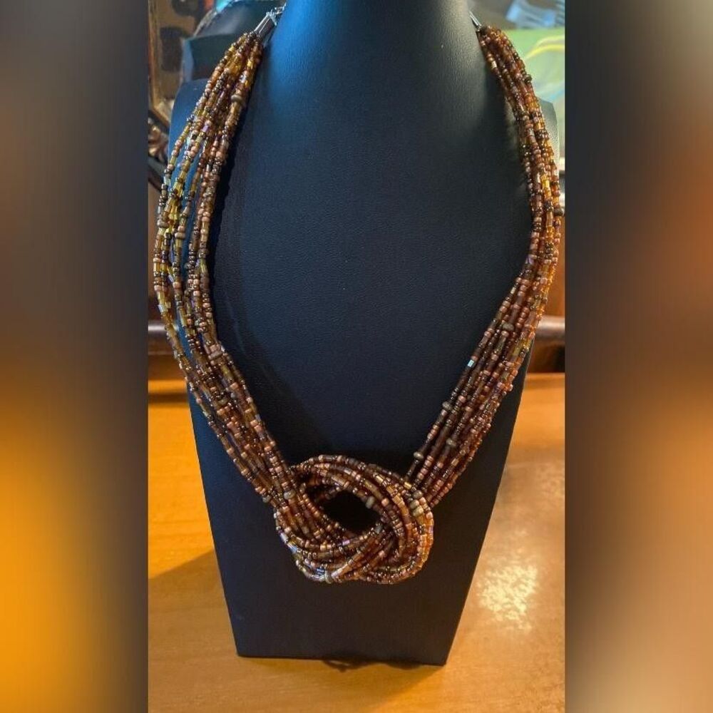 Brown Glass Beaded Multi Strand Necklace Loop Knot Layered Statement Jewelry